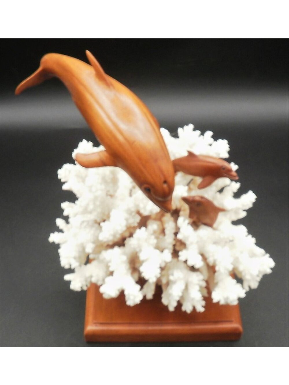 Genuine Coral Reef Sculpture Hand Carved Wood Dolphins Nautical Beach Decor